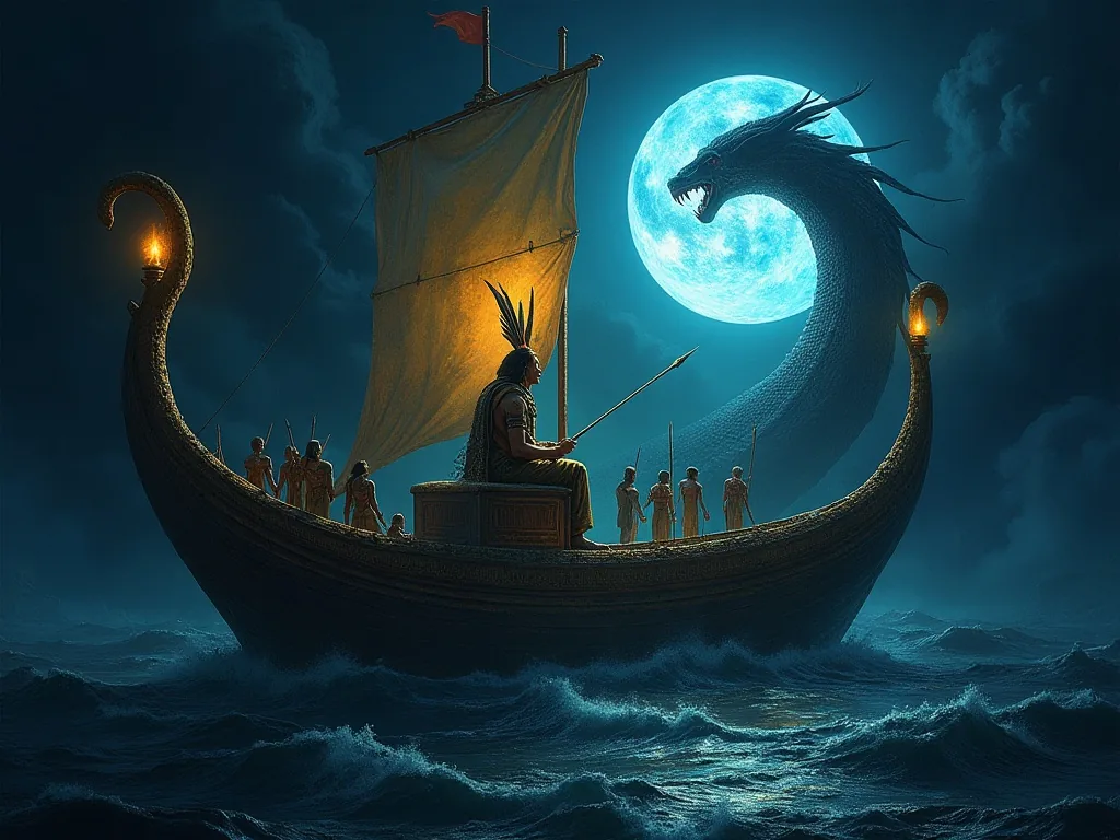 Ra's solar barque confronting the chaos serpent Apep in the Egyptian underworld