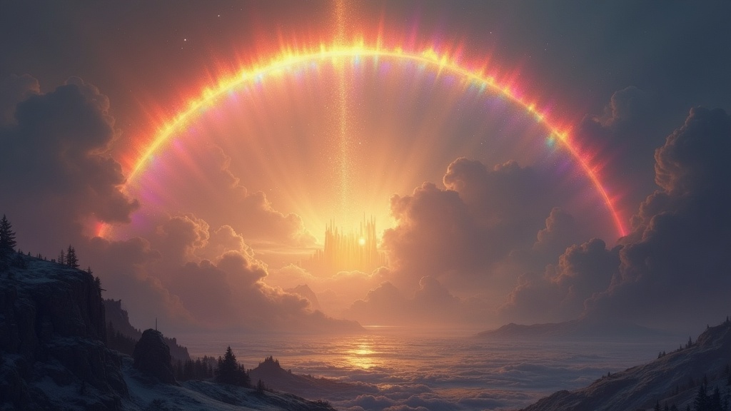 Bifrost, the luminous rainbow bridge of Norse mythology, arcing from Asgard to Midgard across a storm-lit sky.