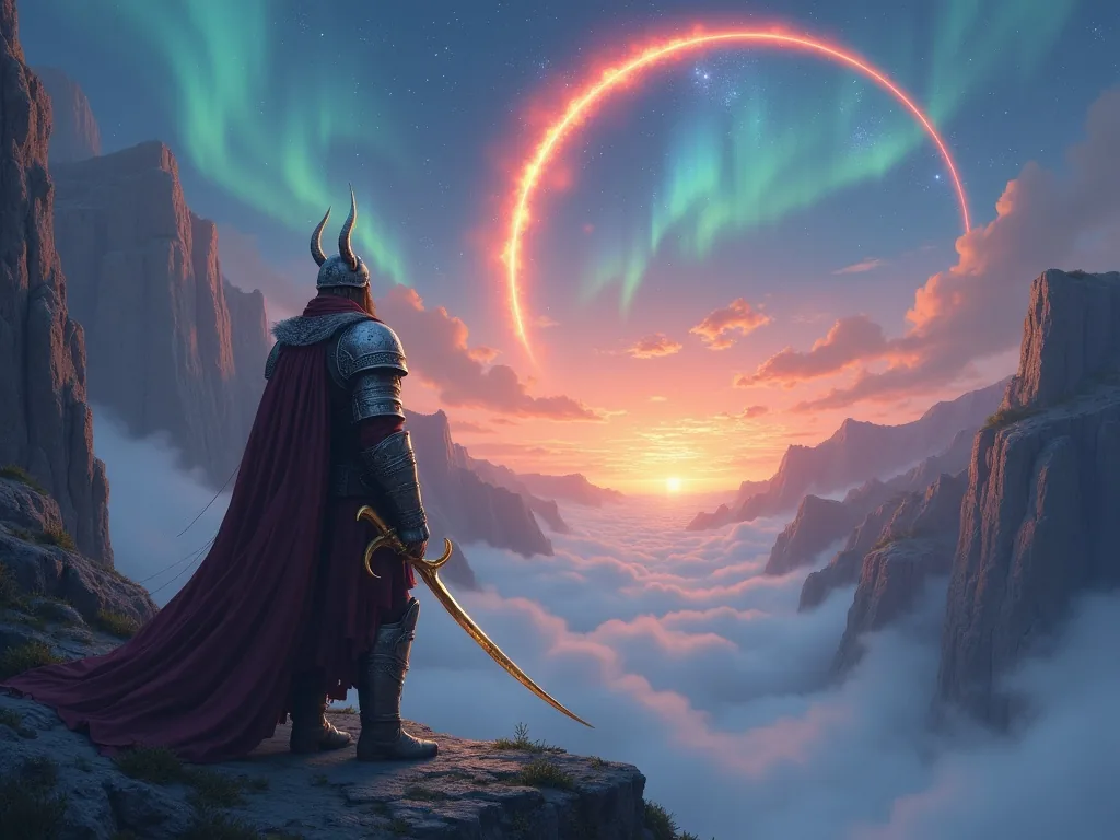 Heimdall the watchman standing guard at the foot of Bifrost, golden horn at his side.