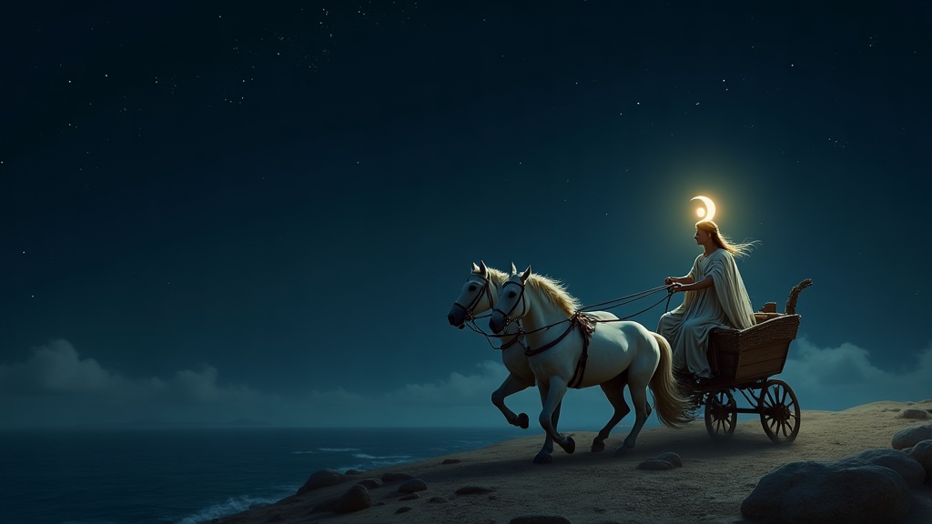 Selene goddess of the moon driving her silver chariot across the night sky