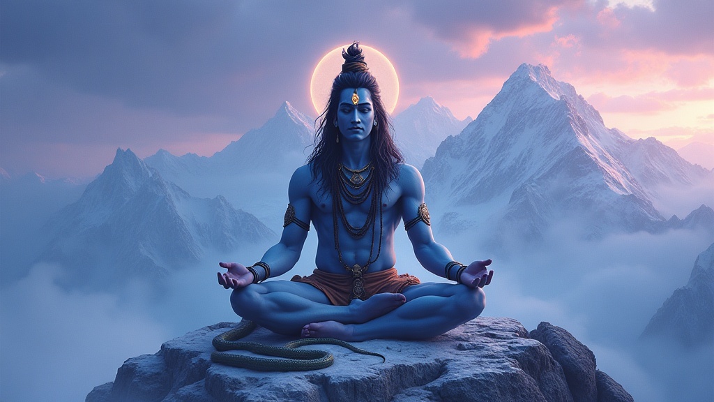 Lord Shiva meditating on Mount Kailash at twilight, third eye glowing, trishula beside him