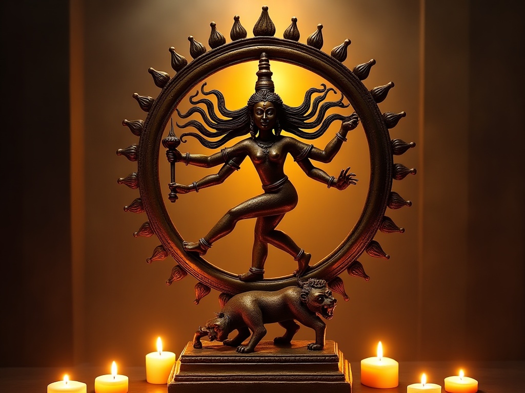 Bronze Nataraja sculpture of Shiva dancing within a ring of fire