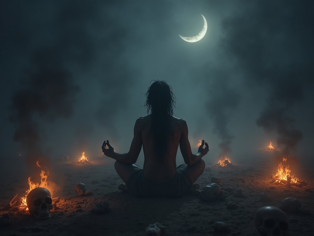 An Aghori ascetic meditating in a cremation ground at night