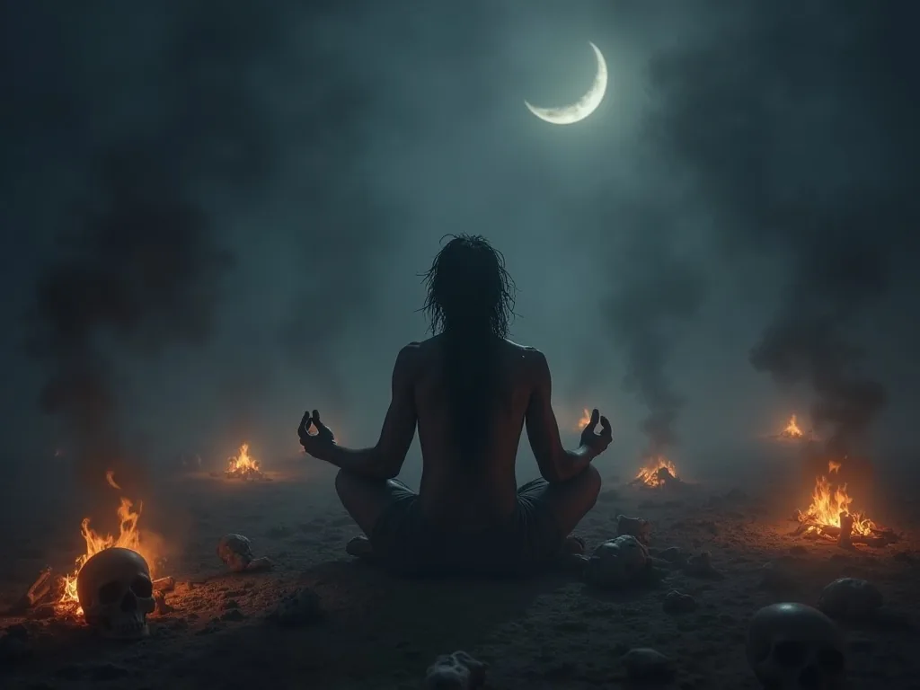 An Aghori ascetic meditating in a cremation ground at night