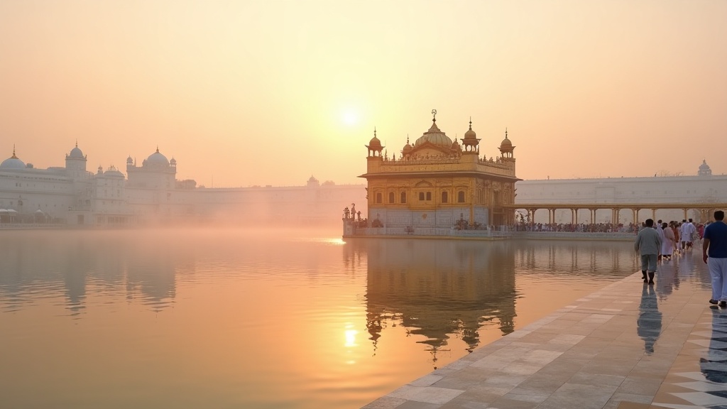 The Golden Temple of Amritsar reflected in the sacred Amrit Sarovar pool at dawn