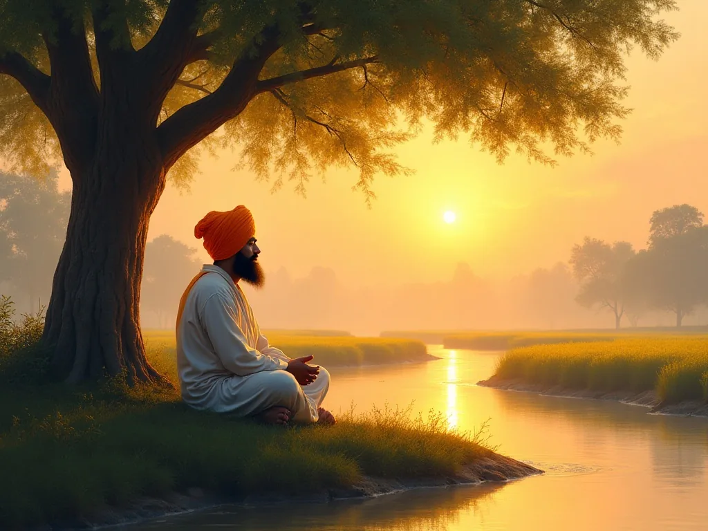 Guru Nanak Dev Ji meditating beside a river in the Punjab landscape