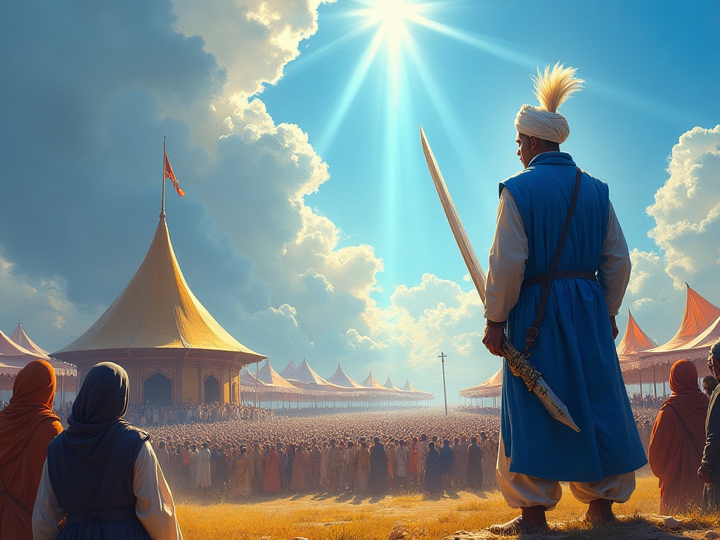 Guru Gobind Singh Ji addressing the vast gathering at Anandpur Sahib during Vaisakhi 1699