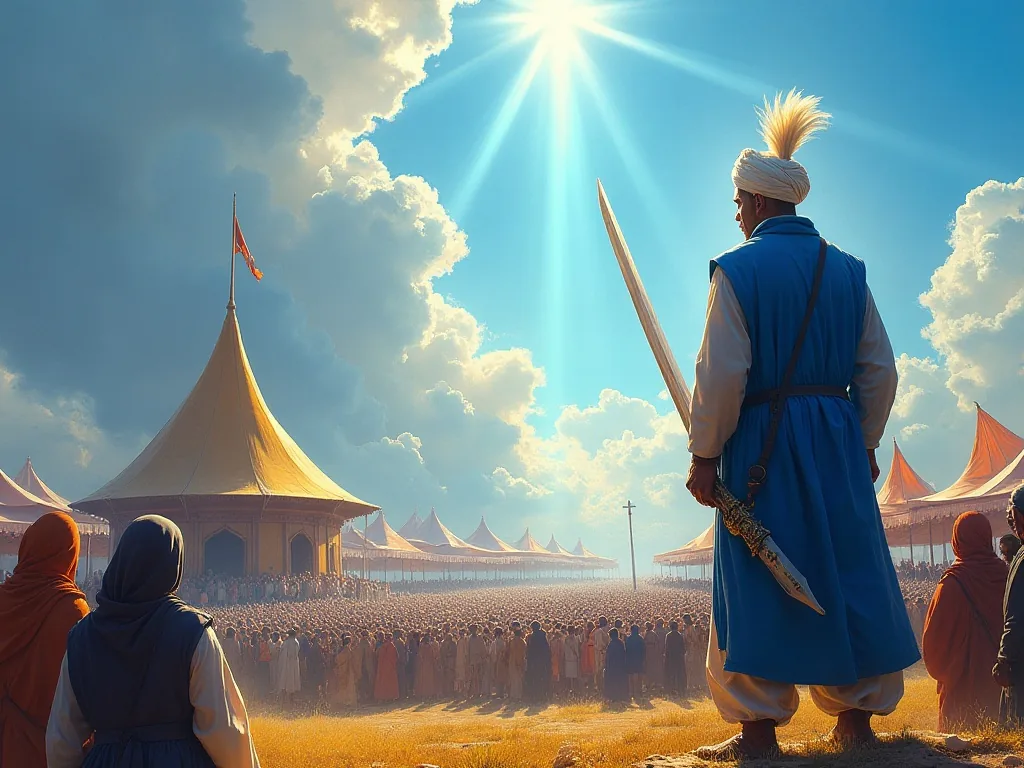 Guru Gobind Singh Ji addressing the vast gathering at Anandpur Sahib during Vaisakhi 1699