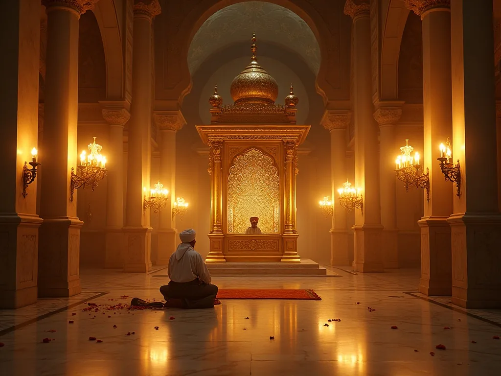 Interior of a Gurdwara at dawn with the Guru Granth Sahib enthroned and a devotee performing Kirtan