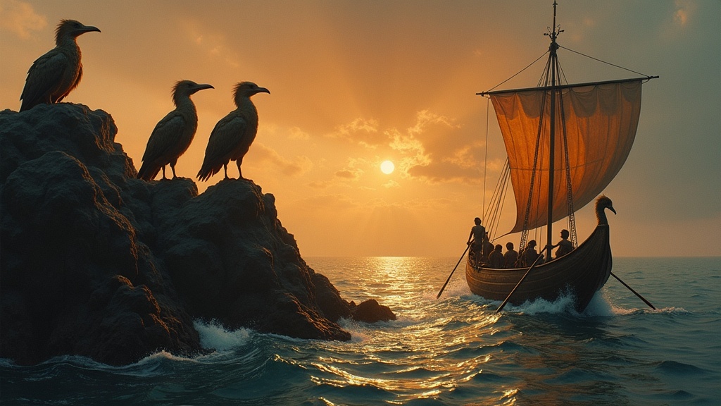Ancient Greek ship sailing past the Sirens' rocky island at dusk, bird-women singing on the rocks, Odysseus bound to the mast