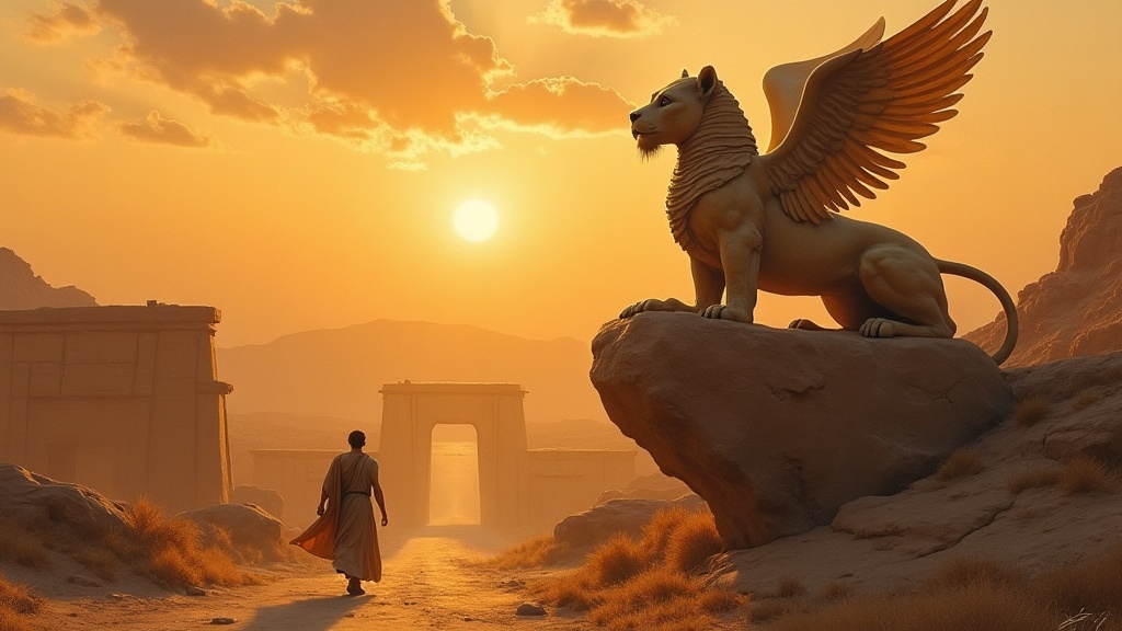 The Sphinx perched on a rock above Thebes at dusk, a lone traveler approaching on the road below