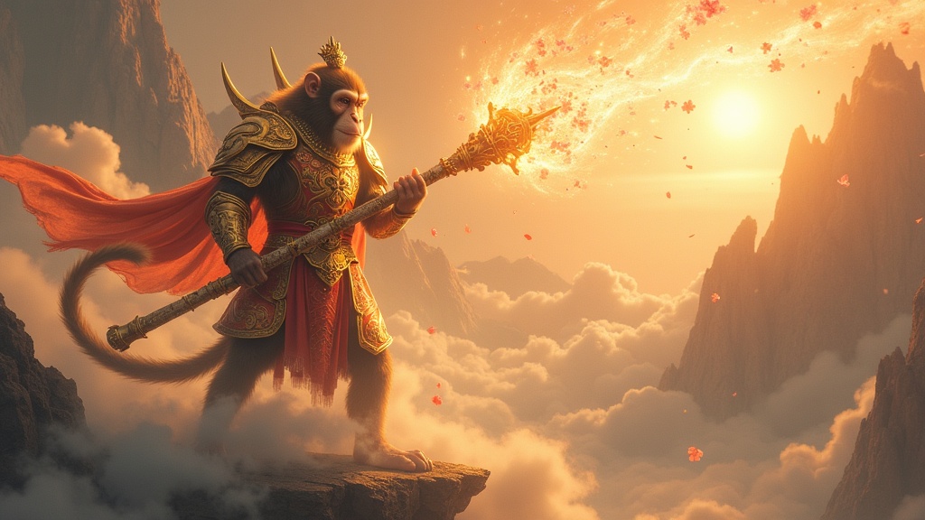 Sun Wukong the Monkey King standing on a cloud in golden armor, wielding his iron staff above a mythological mountain landscape.