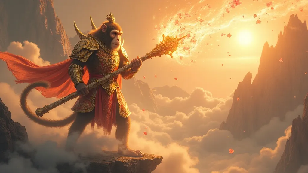 Sun Wukong the Monkey King standing on a cloud in golden armor, wielding his iron staff above a mythological mountain landscape.