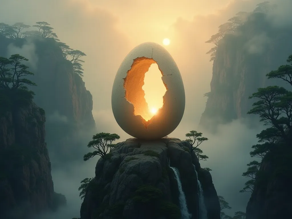 The stone egg of Sun Wukong cracking open on the Mountain of Flowers and Fruit.