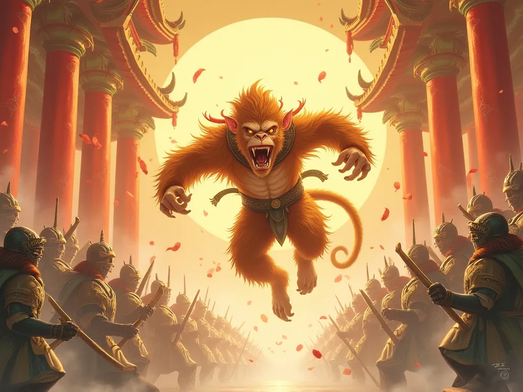 Sun Wukong causing havoc in the Heavenly Peach Garden, scattering celestial soldiers.