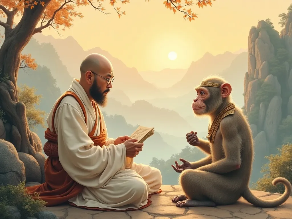 Xuanzang the monk and Sun Wukong resting together during the pilgrimage westward.