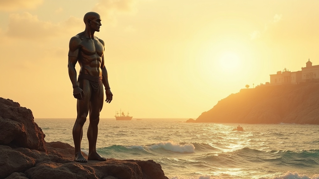 Talos the bronze giant standing on the cliffs of Crete, watching the sea