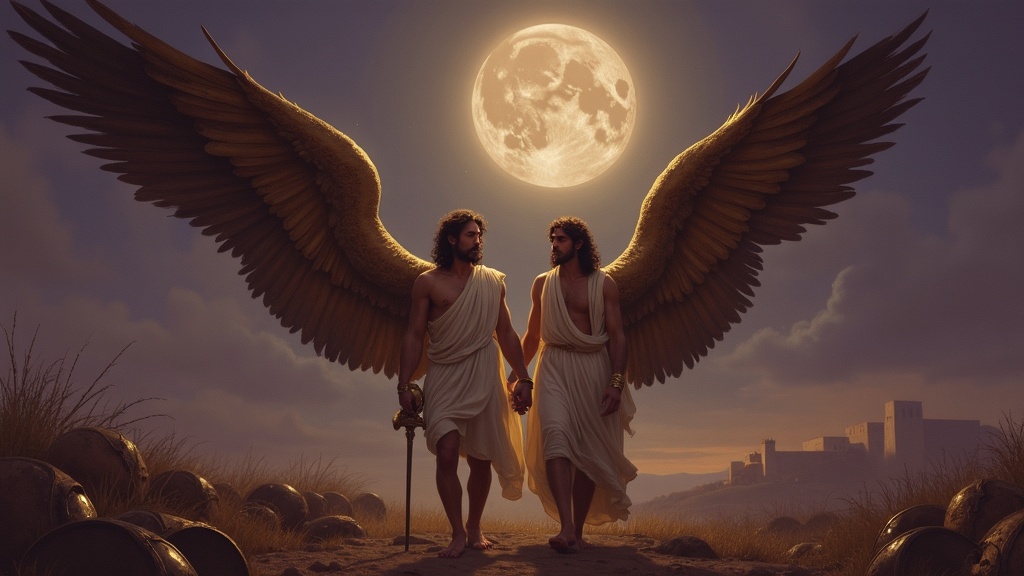 Thanatos and Hypnos carrying Sarpedon's body from the battlefield, winged figures in moonlight