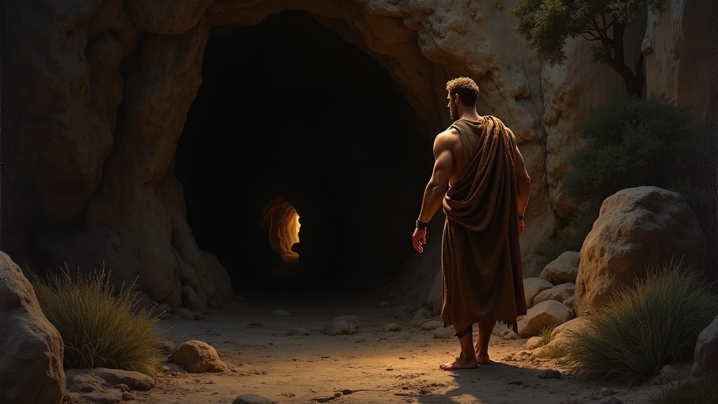 Heracles at the entrance to the underworld, wrapped in the Nemean Lion skin, club in hand, at dusk
