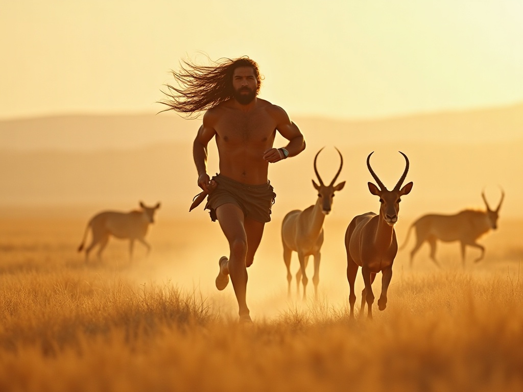 Enkidu running with wild animals on the ancient steppe