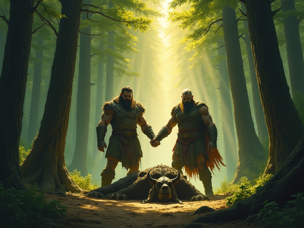 Gilgamesh and Enkidu in the Cedar Forest after slaying Humbaba