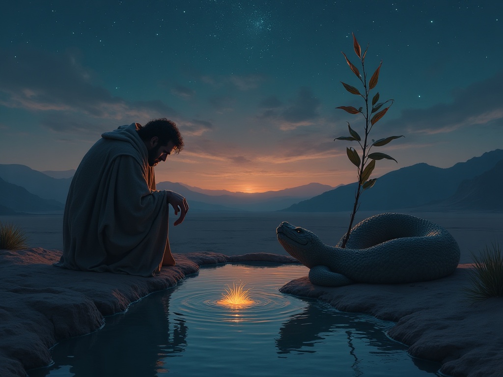 Gilgamesh weeping beside the pool after the serpent steals the plant of youth