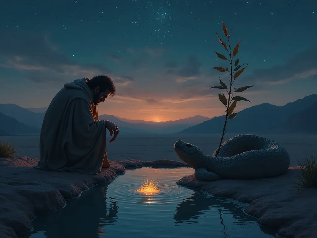 Gilgamesh weeping beside the pool after the serpent steals the plant of youth