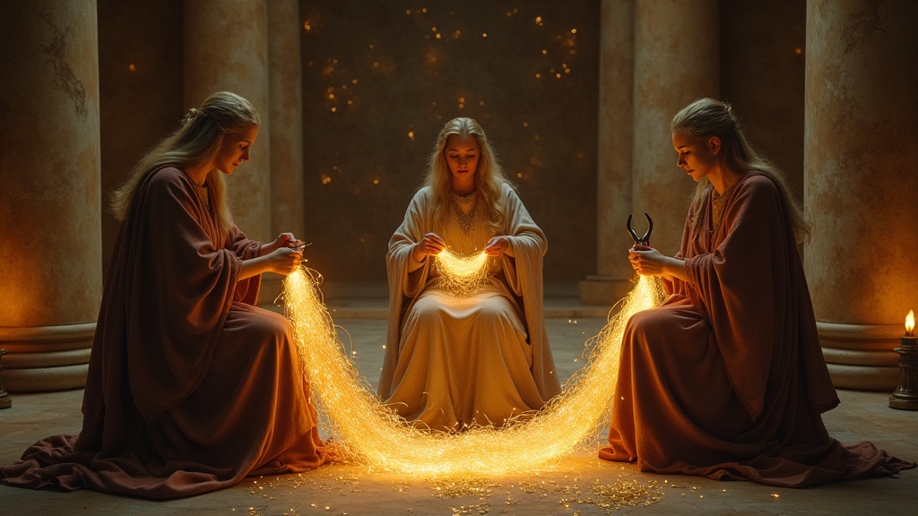 The three Moirai - Clotho, Lachesis, and Atropos - spinning, measuring, and cutting the golden thread of fate by torchlight