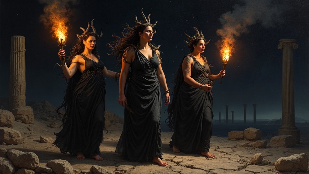 The three Erinyes rising from the earth, bearing torches and serpents, in a dramatic oil-painting style