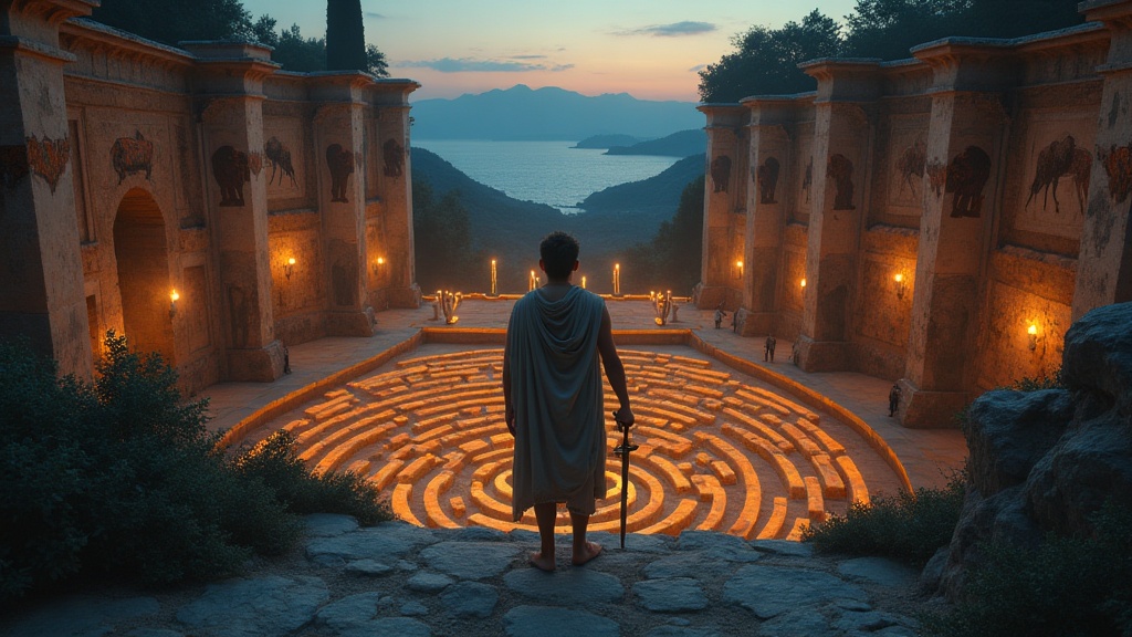 Theseus at the entrance to the Labyrinth, sword in hand, thread trailing into the darkness
