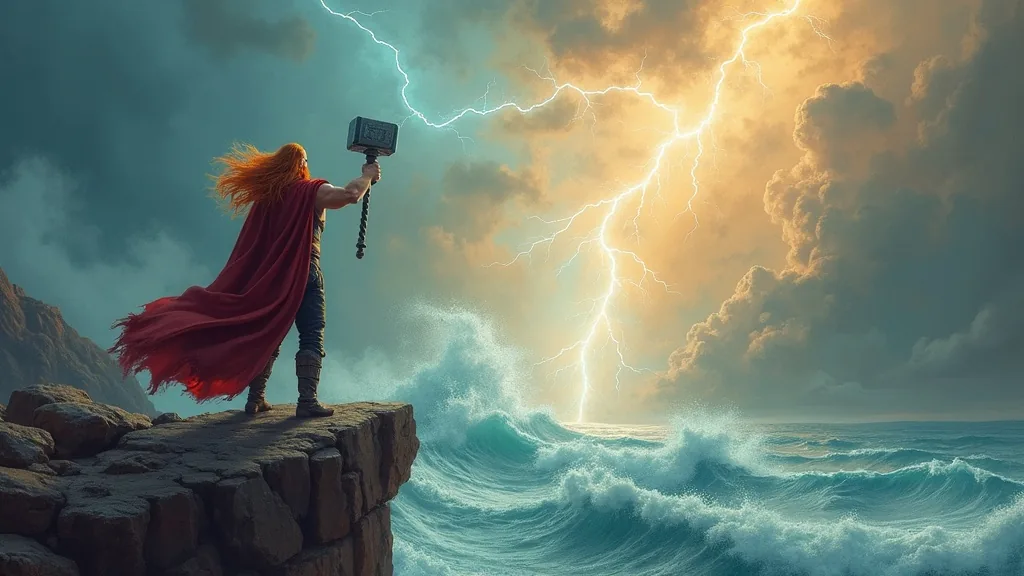 Thor the Norse god of thunder raising Mjolnir against a stormy sky above the sea