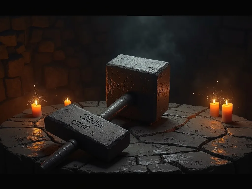 Mjolnir, the sacred hammer of Thor, resting on a runic stone altar