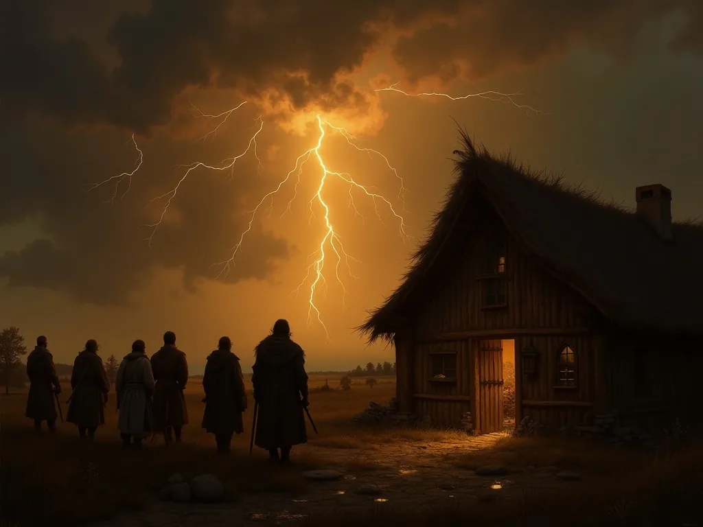 Norse farming community looking toward a thunderstorm with reverence for Thor