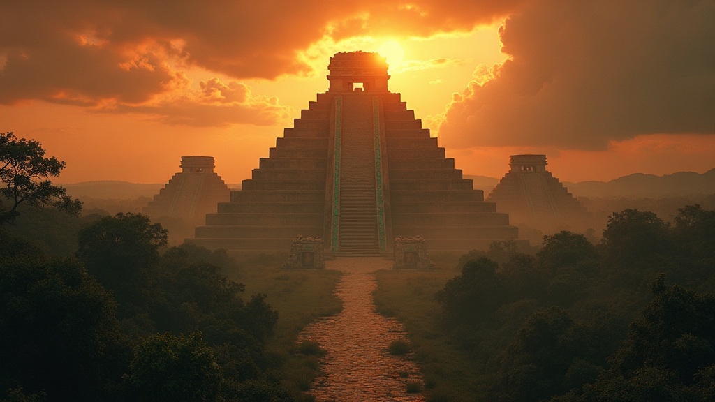 The sacred city of Tollan at dusk with pyramid temples and feathered serpent carvings glowing in firelight