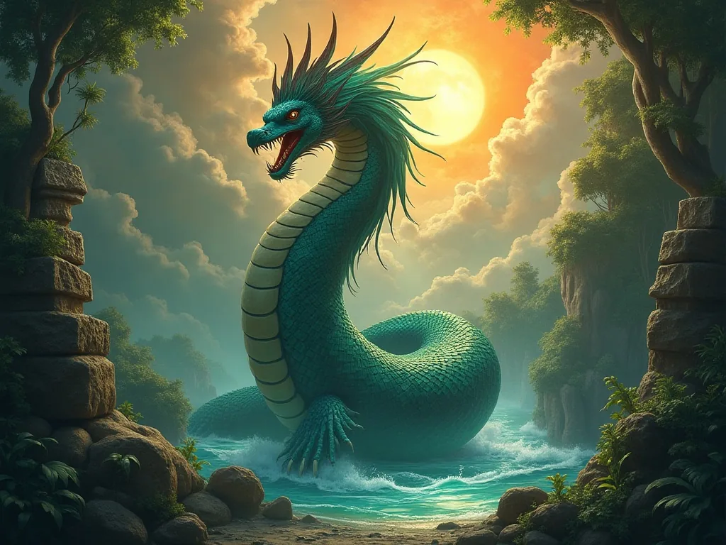 Quetzalcoatl the Feathered Serpent rising between sky and earth
