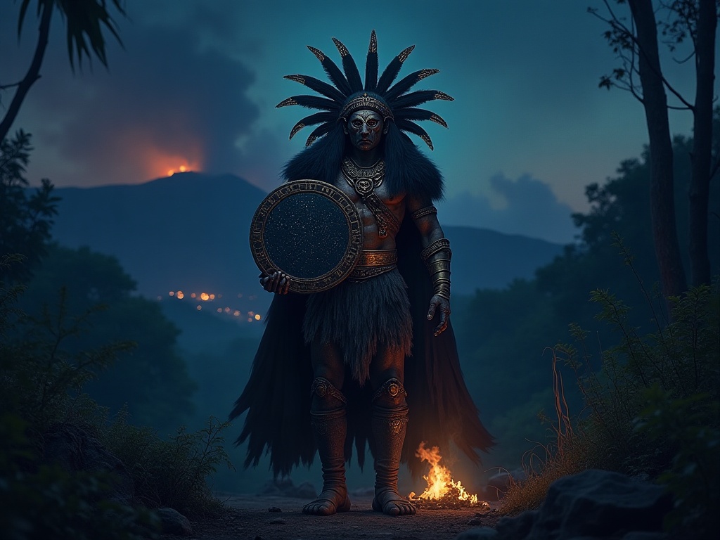 Tezcatlipoca the Smoking Mirror god in the nocturnal jungle