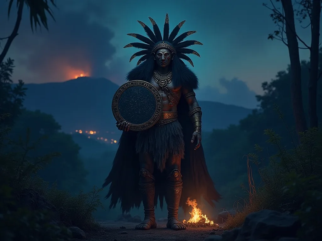 Tezcatlipoca the Smoking Mirror god in the nocturnal jungle
