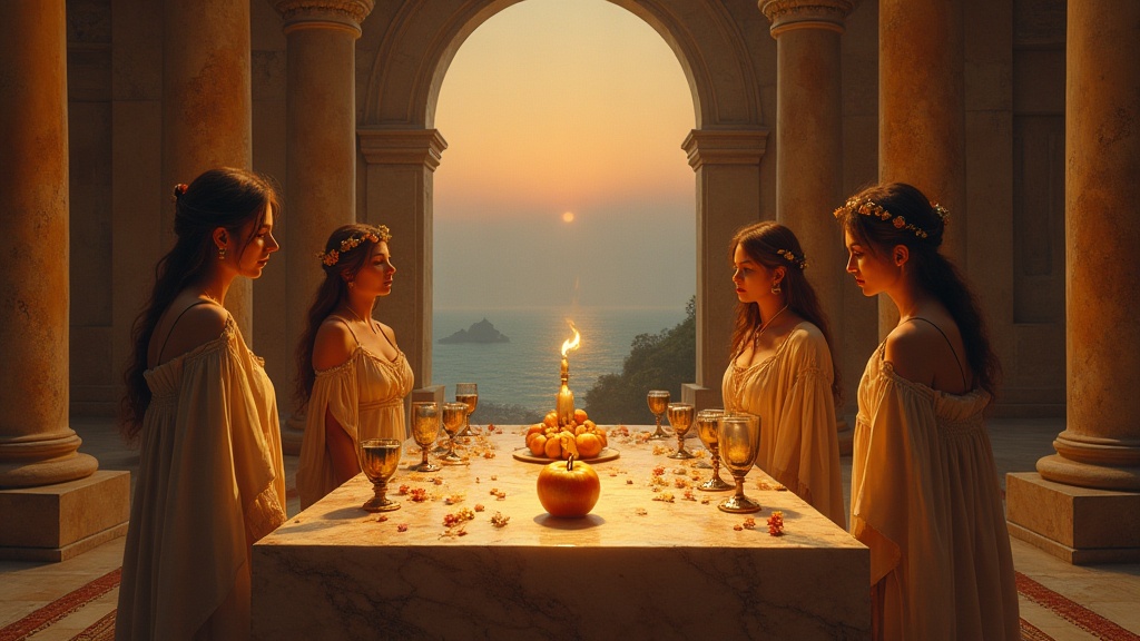 The Apple of Discord at the wedding of Peleus and Thetis, three goddesses standing around a golden apple on a banquet table