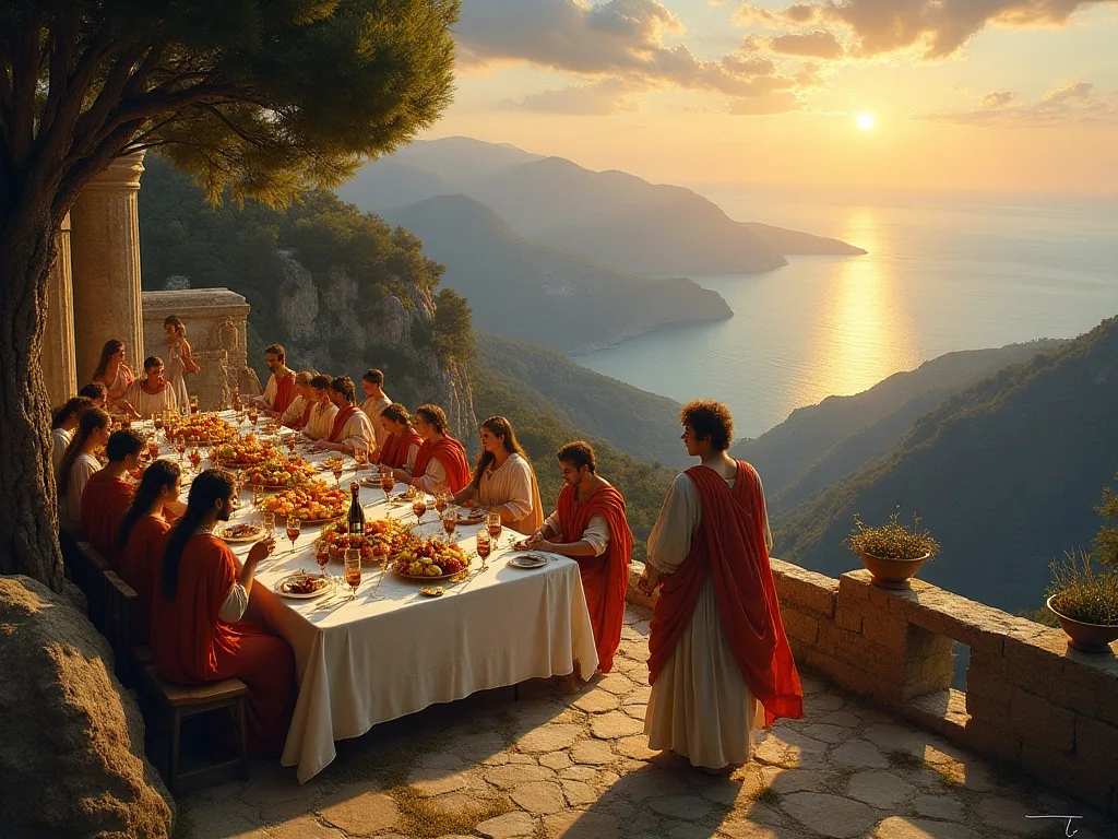 The wedding of Peleus and Thetis on Mount Pelion, gods and mortals feasting together