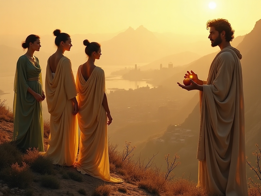 Paris judging the three goddesses on Mount Ida, Troy visible in the distance
