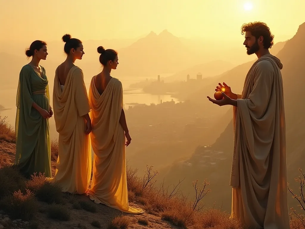 Paris judging the three goddesses on Mount Ida, Troy visible in the distance