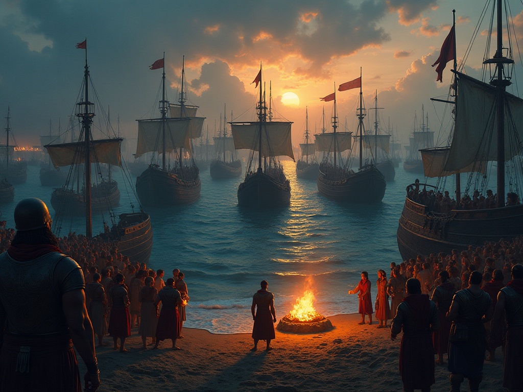 The Greek fleet assembling at Aulis before sailing to Troy