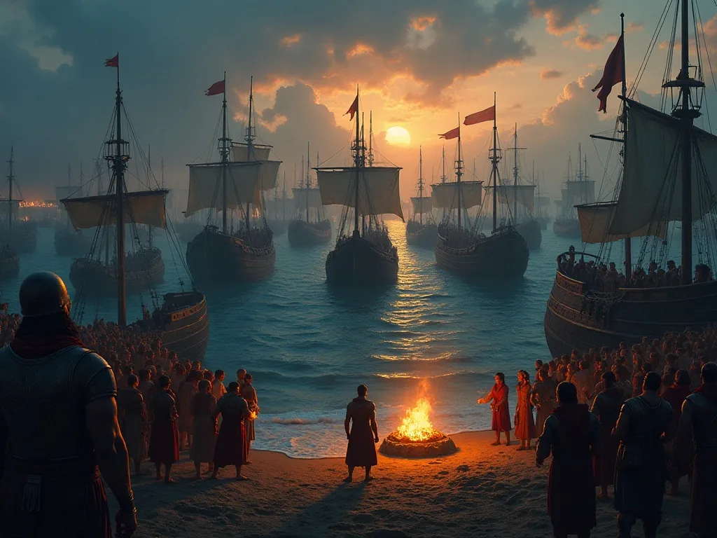 The Greek fleet assembling at Aulis before sailing to Troy