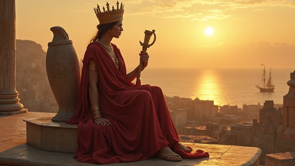Tyche, Greek goddess of fortune, seated with a mural crown, rudder, and cornucopia at golden hour