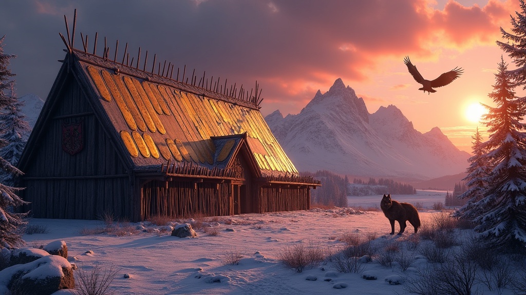 Valhalla, the hall of the slain in Asgard, at dusk, its roof of shields glowing in fading red light with a wolf at the gate and an eagle above