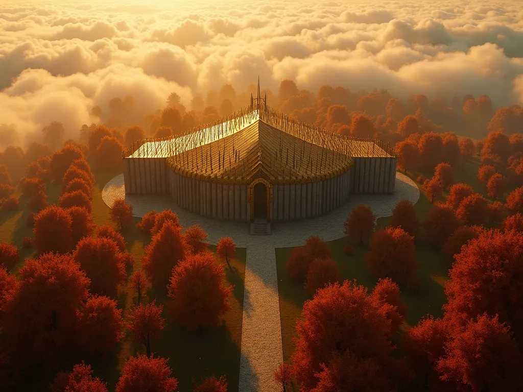 Valhalla standing inside the golden grove of Glasir in Asgard, its shield roof catching the morning light