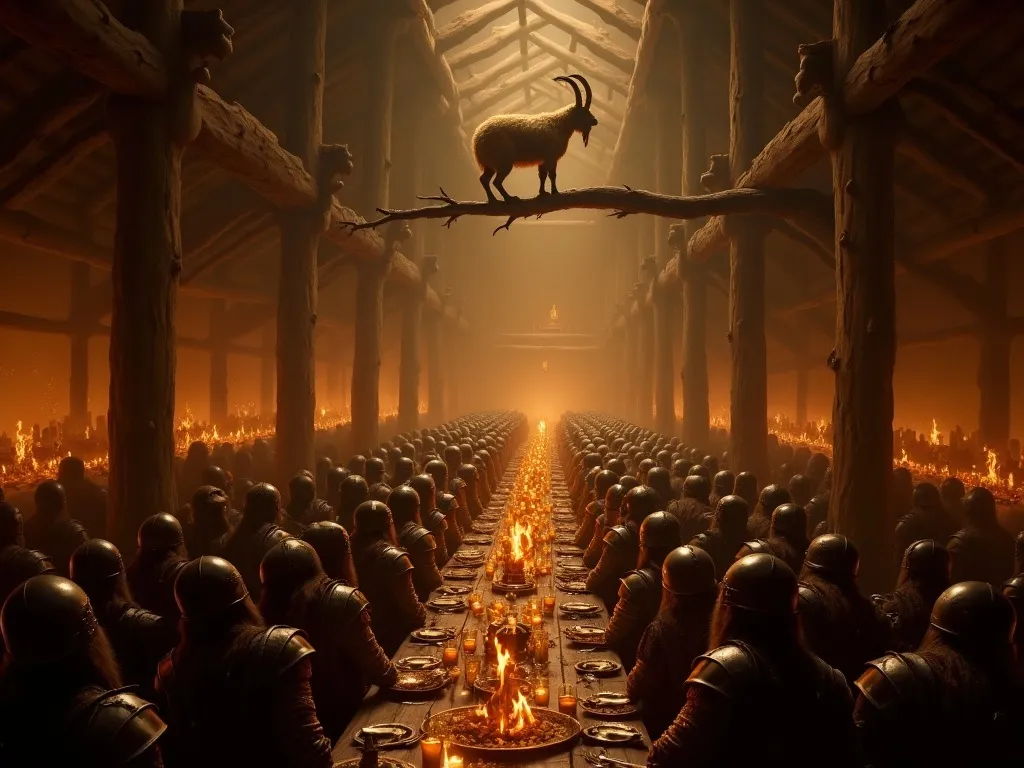 The einherjar feasting inside Valhalla while Valkyries serve mead and the goat Heidrun grazes above