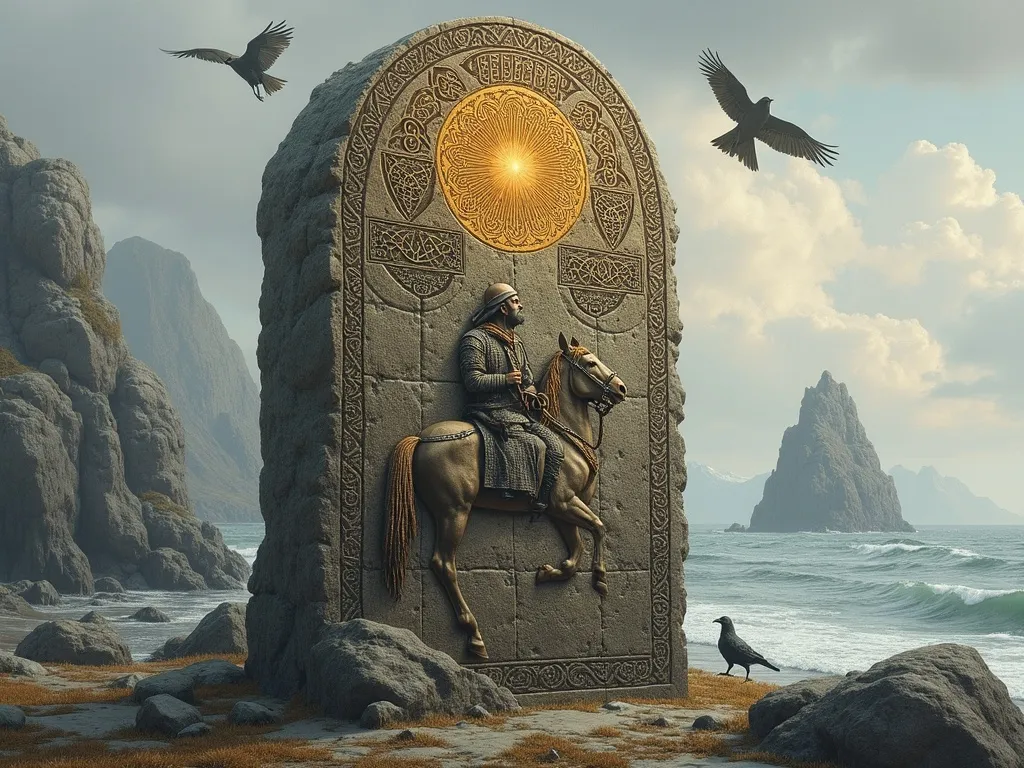 A Viking runestone depicting a fallen warrior being led by a Valkyrie toward Valhalla in the sky