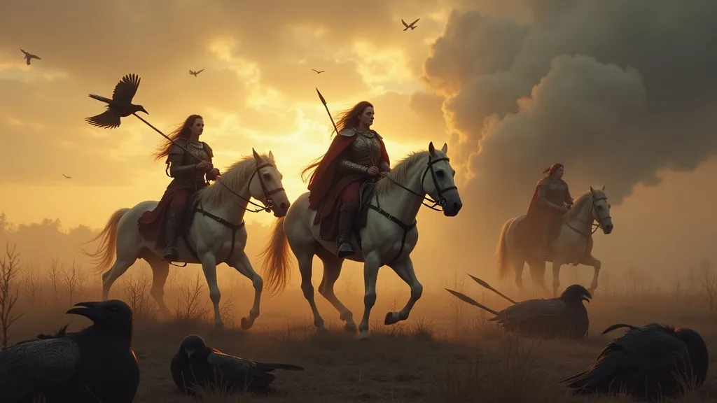 Three armored Valkyries on horseback riding across a dawn battlefield, selecting the fallen slain