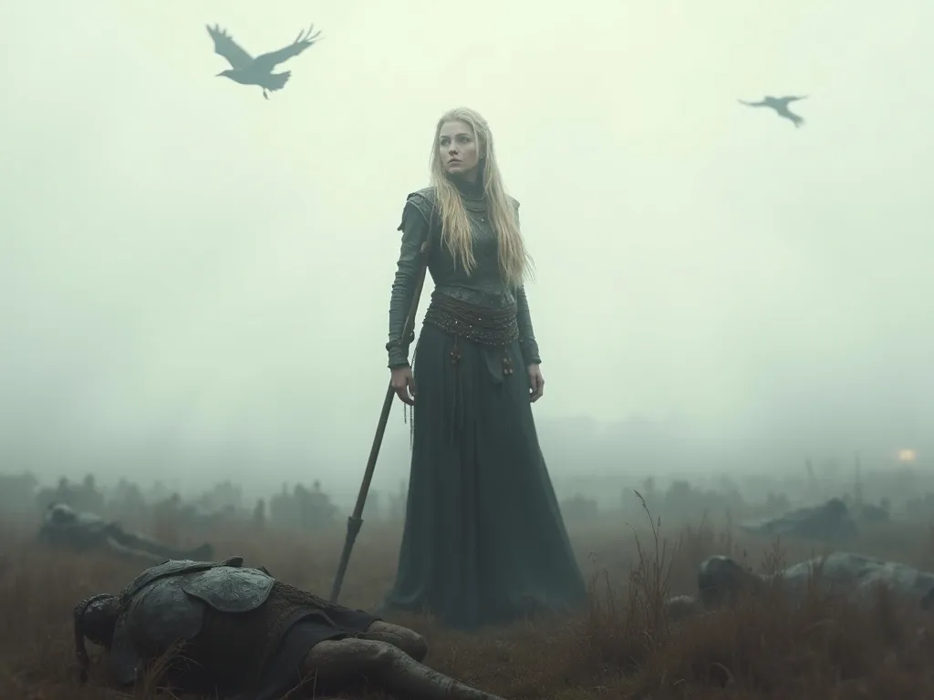 A lone Valkyrie in iron mail stands among the battlefield fallen at dawn, spear in hand